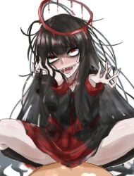 1boy black_hair black_serafuku black_skirt blood blood_halo blood_on_clothes blue_archive clothed_female_nude_male commentary_request cowgirl_position cowgirl_position female fucked_silly halo highres implied_sex jeminiremu kneehighs liquid_halo long_hair messy_hair nude open_mouth pale_skin pov red_eyes saliva school_uniform serafuku sex skirt socks solo_focus spread_legs straddling straight tsurugi_(blue_archive)