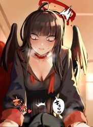 1boy antenna_hair black_serafuku black_skirt black_wings blood blood_halo blue_archive breasts bulge cleavage cowgirl_position erection erection_under_clothes female halo highres indoors large_breasts liquid_halo male pleated_skirt pov red_eyes school_uniform serafuku skirt solo_focus speech_bubble stream sweat tosigaimonaku tsurugi_(blue_archive) wide-eyed wings