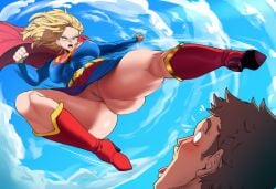 1boy 1girls ai_generated alien alien_girl alternate_costume ass big_ass big_breasts blonde_hair breasts curvaceous curvy dc dc_comics female female_focus incoming_attack kryptonian leotard mullon no_panties novelai pussy supergirl supergirl_(series) superheroine superman_(series) surprised wide_hips