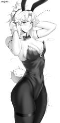 ... 1girls 2025 bunny_ears bunny_tail bunnysuit cowboy_shot embarrassed fate_(series) female female_only looking_at_viewer monochrome mordred_(fate) simple_background solo solo_female sweat tagme thick_thighs zealyush