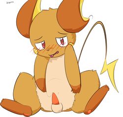 1boy 3trees blush face_markings looking_at_viewer male male_only orange pawpads penis pokemon pokemon_(species) precum raichu solo tail