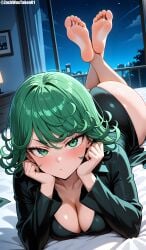 1girls ai_generated ass big_ass bored bored_expression breasts cleavage clothed clothing feet feet_up female female female_focus female_only green_eyes green_hair green_nails looking_at_viewer medium_breasts one-punch_man s shortstack skin_contrast soles solo solo_female solo_focus tatsumaki thick_ass thick_thighs toes zackwastaken01