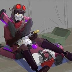 aroused aroused_face artman awkward_situation beret biting_lip biting_own_lip dominant_female enjoyment eyes_rolled_back eyes_rolling_back female femdom fixing gloved_hands goggles grey_skin hand_on_thigh happy kinky laying_on_back legs_apart legs_open legs_over_shoulders legs_up lipbite looking_down looking_pleasured male malesub no_dialogue no_genitals no_visible_genitalia one_eye_closed open_mouth pillow pilot_(character) pilot_(webcomic) pilot_goggles pilot_hat pilot_uniform rebornica red_eyes red_glasses red_hat red_scarf robot robot_boy robot_girl robot_sex robots scarf screwdriver sexual_excitement sexually_suggestive sitting smile smirk smirking submissive_male suggestive_look suggestive_pose suggestive_posing suggestive_smile toolbox tools trans_woman transgender_woman weird_positions wire wireplay wires yellow_sclera