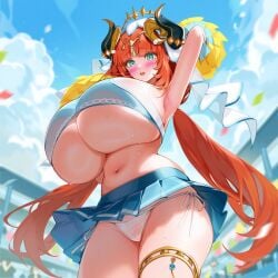 arm_behind_head arm_up armpits arms_behind_head arms_up, bare_legs bare_shoulders belly big_breasts blue_sky blush cheerleader cloudy_sky dynamic_pose from_below frown genshin_impact gigantic_breasts hair_ornament huge_breasts large_breasts long_hair miniskirt navel nilou_(genshin_impact) outdoors panties playground plump pom_pom_(cheerleading) pom_poms red_hair seductive seductive_eyes seductive_look side-tie_panties sports_bra stadium stadium_background sweat sweatdrop sweating sweaty thick_thighs thigh_strap underboob wet_clothes wet_panties wide_hips