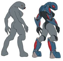 alien anthro armor ass breasts digital_media_(artwork) female halo_(series) hi_res looking_at_viewer looking_back looking_back_at_viewer mandibles methados methadosart microsoft multiple_images nipples nude rear_view sangheili simple_background solo xbox_game_studios
