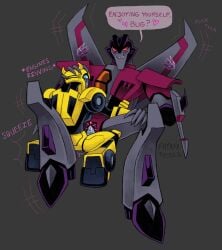 2boys bumblebee_(transformers) cuntboy dialogue freaky_fossils gay gay_sex intersex male male_only robot robot_humanoid robot_penis small_dom_big_sub starscream text transformers transformers_animated vaginal_penetration valve_penetration valveplug yaoi