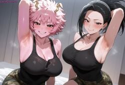 1girls 2girls absurd_res ai_generated arm_behind_head armpit armpit_crease armpit_fetish armpits ashido_mina big_breasts black_hair black_tank_top blush blush blush_lines boku_no_hero_academia breasts camouflage_shorts cleavage curvy curvy_figure female female high_resolution highres lewdcreationsai light-skinned_female light_skin momo_yaoyorozu my_hero_academia on_bed pink_skin sexually_suggestive sitting smirk smug stable_diffusion steam steaming_body steamy_breath sweat sweatdrop sweating sweaty tagme thick thick_legs thick_thighs thighs yuri yuri
