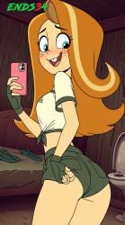 2025 ass ass_focus carla carla_(helluva_boss) ends34 female green_clothing helluva_boss long_hair medium_breasts orange_hair selfie shorts