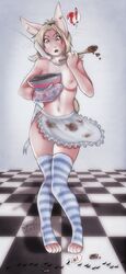 1girls ant anthro apron baking bowl breasts cooking female fur furry heart kitchen lagomorph lapine mittens necklace nipples piercing rabbit solo spookable spoon standing stockings surprised tail telephone text wife