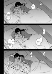2girls asumi-chan_wa_rezu_fuuzoku_ni_kyoumi_ga_arimasu! black_and_white embarrassed female_only fingering fingering_partner hand_in_another's_panties implied_fingering lesbian_sex lying lying_on_bed panties_down pleasured sex sucking_nipples wet_pussy yuri