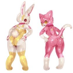 4_fingers after_transformation anthro ass butt_focus cat_tail censored censored_genitalia censored_pussy chocolat_(tetetor-oort) domestic_cat duo felid feline felis female fingers glistening glistening_body hands_on_hips hi_res lagomorph latex leaning leaning_forward leporid light_blush looking_at_viewer looking_back machine mammal open_mouth petroid pink_body pink_nose presenting pupils rabbit rabbit_ears rear_view red_eyes robot scut_tail short_tail simple_background slit_pupils smile tail tetetor-oort vanilla_(tetetor-oort) white_background white_body yellow_body yellow_eyes