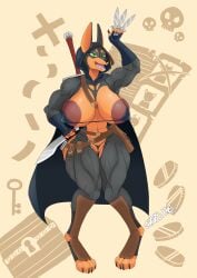 abs absurd_res anthro areola ass belt biceps big_areola big_breasts big_nipples bikini bikini_thong black_body black_fur breasts butt_from_the_front canid canine canis claws clitoris cloak clothing curvy_figure dagger digital_media_(artwork) dobermann domestic_dog dreadlocks female fingerless_gloves fur genitals gloves green_eyes handwear hi_res holding_object holding_weapon hood huge_areola huge_breasts knife kukri mammal melee_weapon micro_bikini muscular muscular_anthro navel nipples orange_body orange_fur pinscher pouch_(clothing) pussy pussy_floss simple_background sin'twais smile solo swimwear sword teeth thick_thighs thong two-piece_swimsuit underwear vein veiny_arms veiny_muscles voluptuous weapon wide_hips