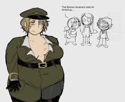 2boys 2girls abella_(fear_and_hunger) alternate_body_type annoyed bbm blonde_hair blush daan_(fear_and_hunger) english_text fat fat_male fear_and_hunger fear_and_hunger:_termina female fully_clothed karin_(fear_and_hunger) lordofassid male male_focus male_with_breasts military_hat military_uniform moobs overweight overweight_male pavel_yudin soldier solo_focus weight_gain