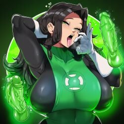 1girls ai_generated big_breasts black_hair bodysuit breasts breasts_bigger_than_head dc dc_comics energy_construct fellatio_gesture female green_lantern huge_breasts large_breasts looking_at_viewer mullon novelai solo solo_focus superheroine