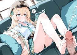 ! 1girls ai_generated barefoot black_panties blonde_hair blush book cum footjob green_eyes green_skirt hat hololive kazama_iroha long_hair medium_breasts on_couch suprised sweat thighs virtual_youtuber white_shirt