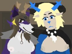 accessory anthro antlers big_breasts black_nose blonde_hair blue_eyes blue_lips blue_nose bow_ribbon breasts brown_body brown_eyes brown_fur brown_hair brown_stripes canid canine carol_holiday choker clothed clothing deer deltarune digital_media_(artwork) ear_stripes female fox fur hair hair_accessory hair_ribbon hairbow herm horn hybrid intersex intersex/female jewelry lips makeup mammal necklace new_world_deer partially_clothed pixel_(artwork) ribbons simple_background snout spiked_choker staring_at_chest stripes timelierg timelierg_(timelierg) undertale_(series) white_body white_fur