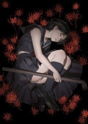 1girls 2020s 2025 black_hair black_serafuku black_shoes black_skirt closed_eyes closed_mouth female flower full_body grey_socks holding holding_lead_pipe injury konami lead_pipe loafers lying on_side panties red_flower school_uniform schoolgirl serafuku shimizu_hinako shoes silent_hill silent_hill_(series) silent_hill_f skirt socks solo spider_lily teenage_ass teenage_girl teenager thighs yasuisinsan young young_female