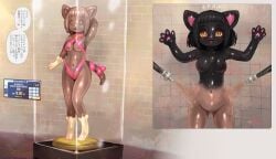 absurd_res anthro auction black_body black_hair breasts dialogue domestic_cat felid feline felis female forced forced_transformation gender_transformation glass_case hair hi_res inanimate_transformation inside latex mammal medium_breasts mtf_transformation petrification ribbon_clothing solo statuefication surprise tagme tetetor-oort text transformation translation_request yellow_eyes