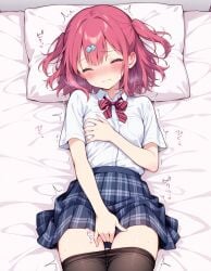 ai ai_assisted closed_eyes female female holding_breast lying_on_bed masturbation original_character panties_down pantyhose pink_hair pleasured short_hair skirt