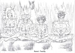 1boy 3girls abs black_and_white breasts dragon_ball dragon_ball_z dragon_ball_z:_bojack_unbound dragon_ball_z_golden_age female flaccid_penis long_hair long_hair_female looking_at_penis male meditation nude_female nude_male reina_(dragon_ball_z_golden_age) son_gohan thewritefiction twintails videl videl_(short_hair) waterfall zangya