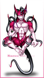 1boy balls claws ear_piercing erection fangs green_eyes grin looking_at_viewer male male_only monster muscles nazuu-m0nster nude penis piercing presenting sitting solo spread_legs spreading tail tentacle