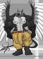 1boy avian beak bulge claws danandnite gryphon hyper male male_only muscles penis solo standing tail wings