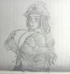 big_breasts big_titties breasts breasts_bigger_than_head bursting_breasts covering_breasts female female_only female_soldier gigantic_breasts huge_breasts idkbigtitlover inconvenient_breasts large_breasts malfunction monochrome oversized_breasts sketch sketch_page soldier_girl tits_bigger_than_head trying_to_cover_up wardrobe_malfunction