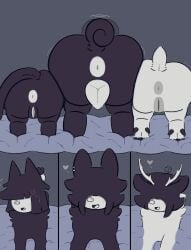 3girls alreadydisgraced alternate_form anatomically_correct anatomically_correct_genitalia anatomically_correct_pussy animal_genitalia animal_pussy antlers anus ass ass_focus ass_jiggle ass_press back_view bed_sheet big_ass big_butt black_fur blue_background blush canid canine canine_genitalia canine_pussy canis cervid cervine cervine_pussy deer domestic_cat domestic_dog embarrassed excited felid feline feline_pussy felis female female_only feral feral_only from_behind front_view fundamental_paper_education fur genitals group heart hi_res looking_at_viewer looking_away lying lying_on_stomach miss_bloomie_(fundamental_paper_education) miss_circle_(fundamental_paper_education) miss_thavel_(fundamental_paper_education) motion_lines multiple_girls on_stomach presenting presenting_hindquarters presenting_pussy puffy_anus pussy quadruped rear_view simple_background size_difference stuck stuck_in_wall sweatdrop tail tailwag take_your_pick through_wall trio vagina white_fur