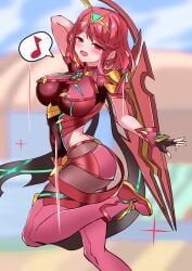 absurdres aegis_sword_(xenoblade) armor ass backless_outfit black_gloves blush bob_cut breasts chest_jewel earrings female fingerless_gloves floating_earrings gloves half-closed_eyes highres impossible_clothes jewelry large_breasts musical_note nintendo otama_(otama_ladle23) pantyhose pantyhose_under_shorts pyra pyra_(xenoblade) red_eyes red_hair red_shorts red_thighhighs short_hair short_sleeves shorts shoulder_armor smile solo spoken_musical_note super_smash_bros. suspenders swept_bangs thighhighs thighhighs_over_pantyhose tiara weapon xenoblade_(series) xenoblade_chronicles_(series) xenoblade_chronicles_2