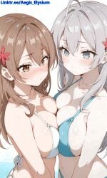 2girls aegis_elysium ai_art ai_generated alisa_mikhailovna_kujou bikini bikini_top blue_bikini blue_eyes blush blushing_at_viewer breasts breasts_pressed_together breasts_pressing bridge brown_eyes bush cleavage day earrings elbow_gloves female female_focus gem gloves hair_ornament headpiece highres huge_breasts jewelry large_breasts long_hair maria_mikhailovna_kujou masha navel orange_hair simple_background solo solo_focus standing symmetrical_docking thick_breasts thick_thighs thighs tiara tokidoki_bosotto_russian_de_dereru_tonari_no_alya-san very_long_hair white_background white_bikini white_hair