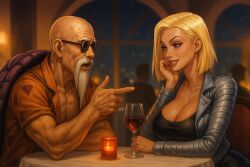 age_difference ai_generated alcohol android_18 bald bald_male beard blonde_hair blue_eyes couple date_night dragon_ball female light-skinned_female light-skinned_male light_skin lou male master_roshi old_male old_man older_male older_male_and_younger_female wine wine_glass younger_female