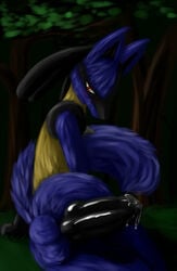 balls blue blush forest graveyardshift lucario lying penis pokemon pokemon_(species) precum red_eyes shy solo tree