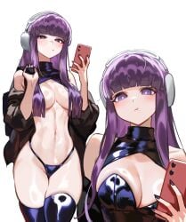 1girls :/ :t absurdres bare_shoulders black_jacket black_panties black_thighhighs blunt_bangs blush breasts cellphone closed_mouth commentary cowboy_shot crop_top female fern_(sousou_no_frieren) fingernails foolish_potato hair_over_breasts headphones highleg highleg_panties highres holding holding_phone jacket large_breasts long_hair looking_at_viewer multiple_views nail_polish navel off_shoulder open_clothes open_jacket panties phone pout purple_eyes purple_hair purple_nails shiny_clothes shiny_skin simple_background sleeveless sleeves_pushed_up smartphone sousou_no_frieren standing thighhighs underwear upper_body white_background