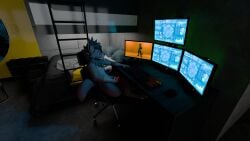 16:9 3d_(artwork) 4k absurd_res anthro bat bed blender_cycles brown_body chair computer computer_keyboard computer_monitor computer_mouse computer_screen desktop digital_media_(artwork) electronics furniture hi_res inside machine male mammal masturbation office_chair solo tactic tactic_protogen widescreen
