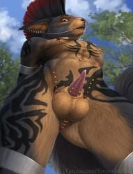 anthro arm_cuffs black_hair bodily_fluids brown_body brown_fur collar ear_piercing ear_ring facial_piercing forehead_piercing frenum_ladder frenum_piercing fur genital_fluids genital_piercing genitals guiche_piercing hair hi_res himeragoldtail hip_piercing jace_stewart ladder_piercing leg_cuffs leg_tattoo lip_piercing male mammal mohawk navel navel_piercing nipple_chain nipple_piercing nipple_ring nipples nose_chain nose_piercing nose_ring penis penis_piercing piercing precum red_hair ring_piercing rodent sciurid snakebite_piercing solo spiked_collar spikes tattoo tree_squirrel waist_tattoo