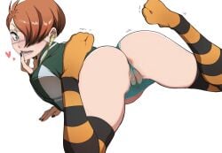 green_clothing kuin_hachisuka long_socks looking_at_viewer lying_on_stomach my_hero_academia orange_hair orange_hair_female tamao_oguro vigilante:_my_hero_academia_illegals white_background