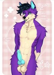 abs anthro black_hair black_nose blue_eyes blue_penis canid canine canis cheek_tuft drkot facial_tuft fangs genitals hair half-length_portrait hi_res looking_at_viewer male mammal nude nude_male penis portrait purple_body shy solo teeth tongue tuft wolf