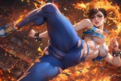 1girls ai_assisted ai_generated blue_bodysuit blue_shoes bodysuit breasts breasts_out brown_eyes brown_hair cameltoe chun-li chun-li_(street_fighter_alpha) covered_clitoris covered_pussy exploding_clothes fire hair_bun hair_ribbon hi_res high_kick jacket kicking large_breasts nipples open_jacket pearl_earrings self_upload sleeveless sleeveless_jacket spiked_bracelet stable_diffusion street_fighter street_fighter_alpha tacocatbox torn_clothes yellow_ribbon yellow_shoes