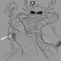 !? 1boy artist_name bara bulge bulge_through_clothing cum cum_in_clothes cum_under_clothes cumshot dusekkar_(forsaken) erection_under_clothes forsaken_(roblox) gay lustfulsai pumpkin_head roblox roblox_game robloxian surprised_expression tagme