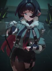 animal_ears black_gloves black_hair black_shorts blunt_bangs brown_pantyhose brown_thighhighs cowboy_shot dnaitari female fingerless_gloves fingernails fur-trimmed_jacket fur_trim gloves green_jacket grey_hair heart high-waist_shorts highres indoors jacket jane_doe_(zenless_zone_zero) long_hair looking_at_viewer mouse_ears mouse_girl mouse_tail multicolored_hair nail_polish pantyhose red_hair red_nails shorts sidelocks single_leg_pantyhose single_thighhigh smile solo standing tagme tail thighhighs torn_clothes torn_pantyhose torn_thighhighs two-tone_hair video zenless_zone_zero