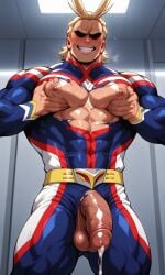 1boy abs ai_generated all_might balls bara barazoku big_pecs big_penis blonde_hair blush cum cum_leaking_out_of_penis cumming erect_penis gay grabbing_own_pecs grin holding_own_breast holding_pecs lifting_breast looking_at_viewer male male_focus male_only masculine_male mature_male muscles muscular muscular_male my_hero_academia posing ripped_clothing ripped_suit solo solo_male superhero tight_clothes tight_clothing toshinori_yagi yagi_toshinori