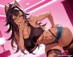 ai_generated balecxi bare_shoulders black_hair black_thighhighs blonde_hair blue_eyes blurry blurry_background cleavage crop_top crossed_bangs cutoffs dark-skinned_female dehya_(genshin_impact) denim denim_shorts female genshin_impact hair_between_eyes indoors large_breasts long_hair looking_at_viewer multicolored_hair navel open_mouth patreon_username short_shorts smile solo thighs torn_clothes torn_thighhighs underboob