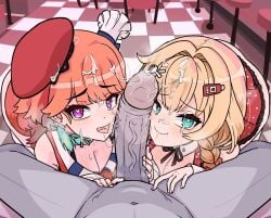 1boy 2girls after_fellatio akai_haato akai_haato_(1st_costume) aqua_eyes beret blonde_hair breasts checkered_floor choker cleavage closed_mouth colored_skin cooperative_fellatio cum cum_on_body cum_on_hair cum_string erection facial fellatio female ffm_threesome grey_skin group_sex hat heart heart-shaped_pupils hololive hololive_english hololive_gen_1 hololive_japan hololive_myth large_penis looking_at_viewer male medium_breasts mini_hat moral_cacoethes multiple_girls neck_ribbon open_mouth oral penis purple_eyes ribbon stool symbol-shaped_pupils takanashi_kiara takanashi_kiara_(1st_costume) teamwork_(sexual) threesome uncensored veins veiny_penis virtual_youtuber