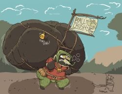 advertisement anthro balls balls_on_back balls_on_head bell belt big_balls bulge canid canine carrying_own_balls clothed clothed_anthro clothed_male clothing genitals gulpspooky holding_balls holding_own_balls huge_balls hyper hyper_balls hyper_genitalia hyper_problems male mammal outside peasant raccoon_dog rope rope_belt short_stack solo struggling struggling_to_lift tanuki waist_bag