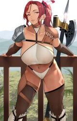 axe female long_hair looking_at_viewer original red_eyes red_hair shoulder_armor warrior weapon yoshi55level yoshio_(55level)