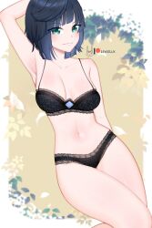 armpits arms_up black_bra black_panties bra genshin_impact lewdlux medium_breasts panties thick_thighs yelan_(genshin_impact)