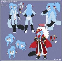 absurd_res anthro armor ass astra_lupus balls blue_body blue_fur blue_hair clothed clothing fur genitals gwendolyn_stellas hair haplorhine hi_res humanoid long_hair lunalin male mammal model_sheet monkey nathivy nude penis primate red_clothing solo yellow_eyes