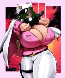 1girls angry avis_(strangehero) big_breasts breasts breasts_bigger_than_head cleavage female green_hair gun huge_breasts large_ass muscular muscular_female solo strangehero tagme thick_thighs