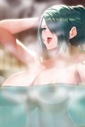 akaringh arm_behind_head azuma_fubuki bathing blue_eyes braid breasts completely_nude crown_braid eyelashes female green_hair hair_over_one_eye huge_breasts large_breasts long_hair mato_seihei_no_slave mature mature_woman milf nipples nude one_arm_up open-mouth_smile open_mouth smile tied_hair tongue tongue_out upper_body