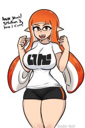 1girls :d big_breasts bike_shorts clothed dodo-bot excited fangs female funny inkling_girl meme nintendo orange_eyes orange_hair orange_inkling_girl pun solo splatoon splatoon_3 t-shirt wide_hips